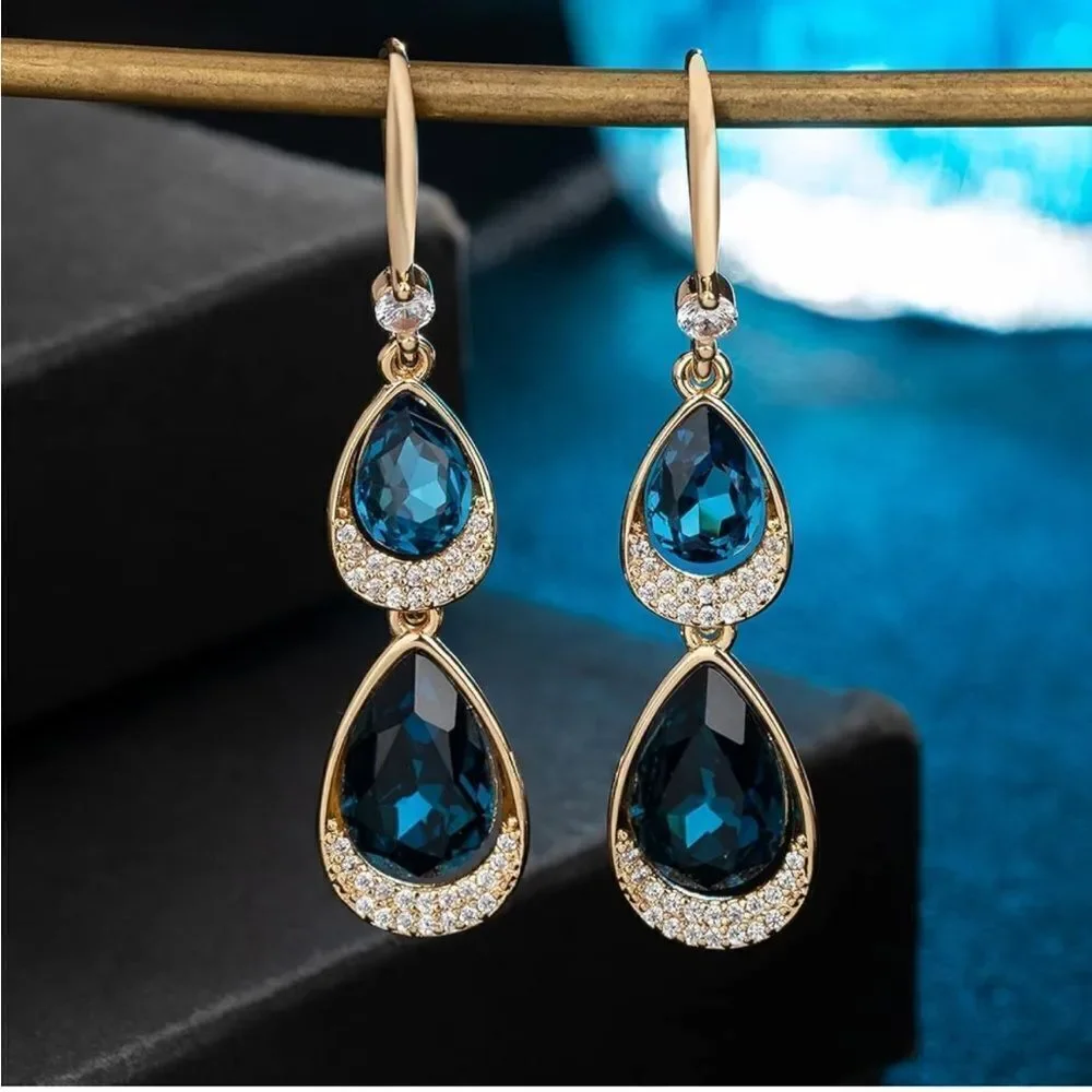 14K Yellow Gold with Blue Sapphire Austrian Crystal Double Teardrop Earrings